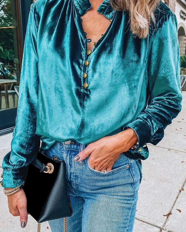 Red Frilled Buttoned V Neck Velvet Blouse