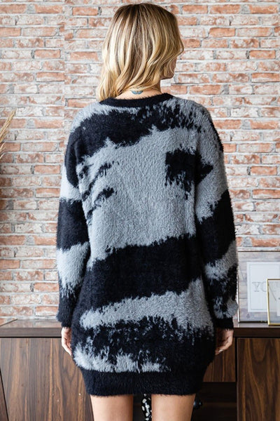 First Love Full Size Abstract Pattern Contrast Feather Yarn Sweater.