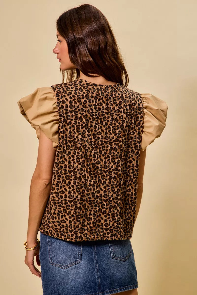 SO ME Leopard Pointelle Knit Top with Puff Sleeves - 12
