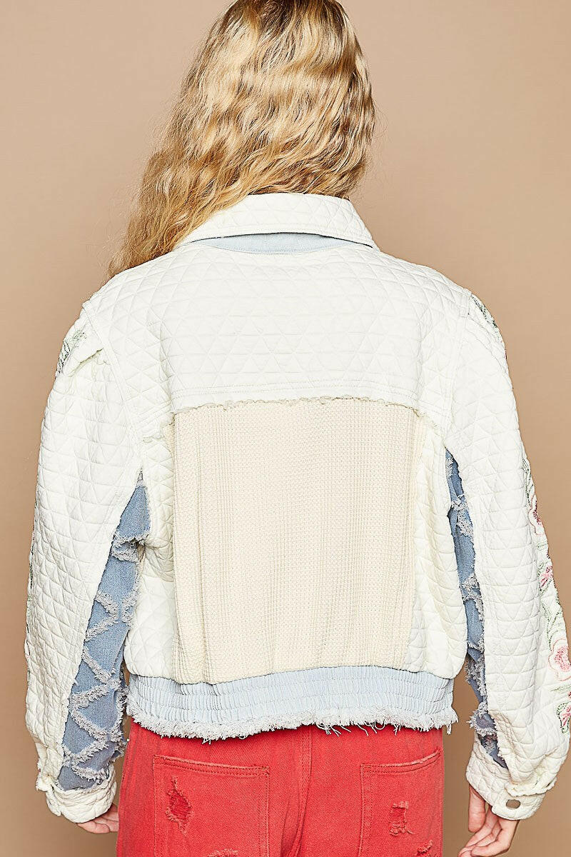 POL Embroidered Sleeve Raw Edge Quilted Jacket Ivory Multi