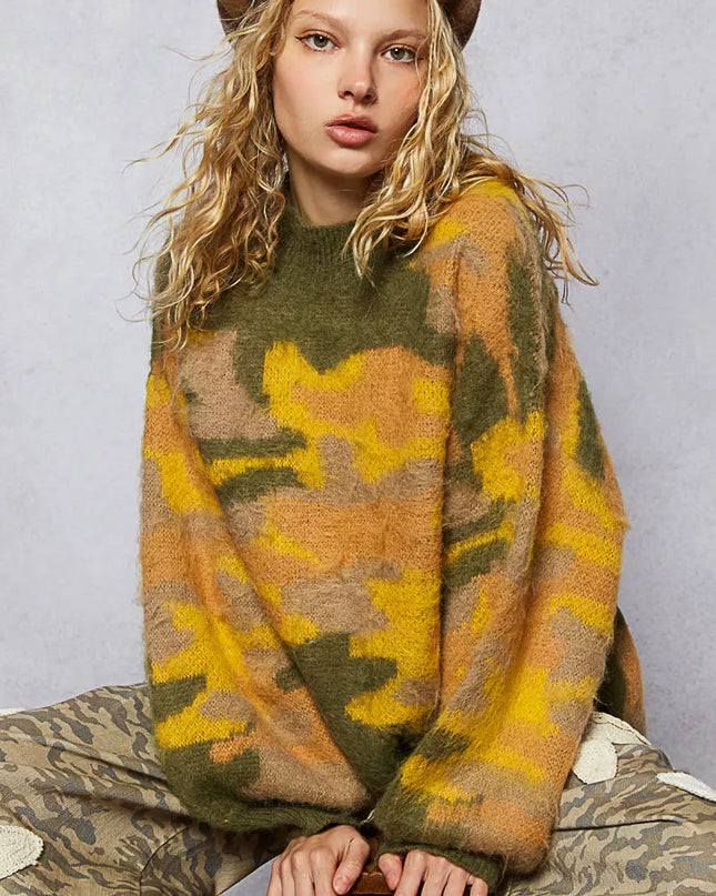 POL Mock Neck Abstract Colorblock Pattern Sweater - Sleekdenim.com