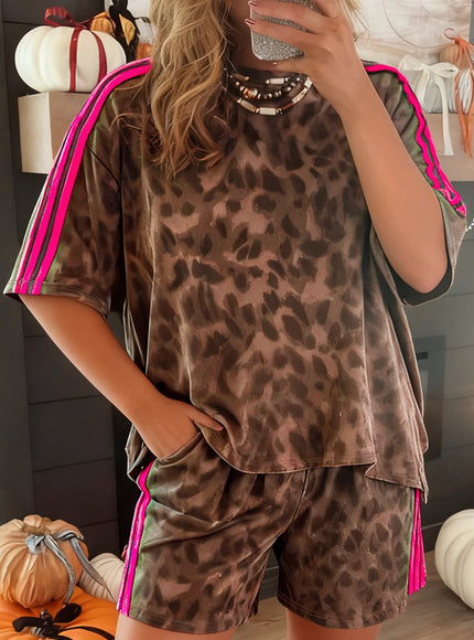 Brown Contrast Striped Accent Leopard Short Set - 1