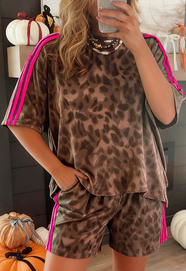 Brown Contrast Striped Accent Leopard Short Set - 1
