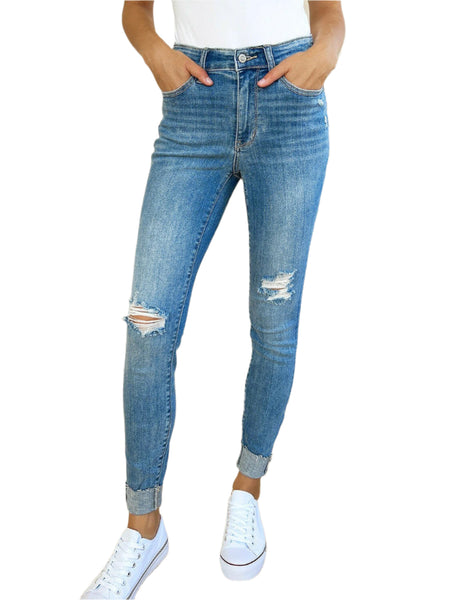 Judy Blue Full Size Mid Rise Destroy & Cuff Skinny Jeans | Sleekdenim.com