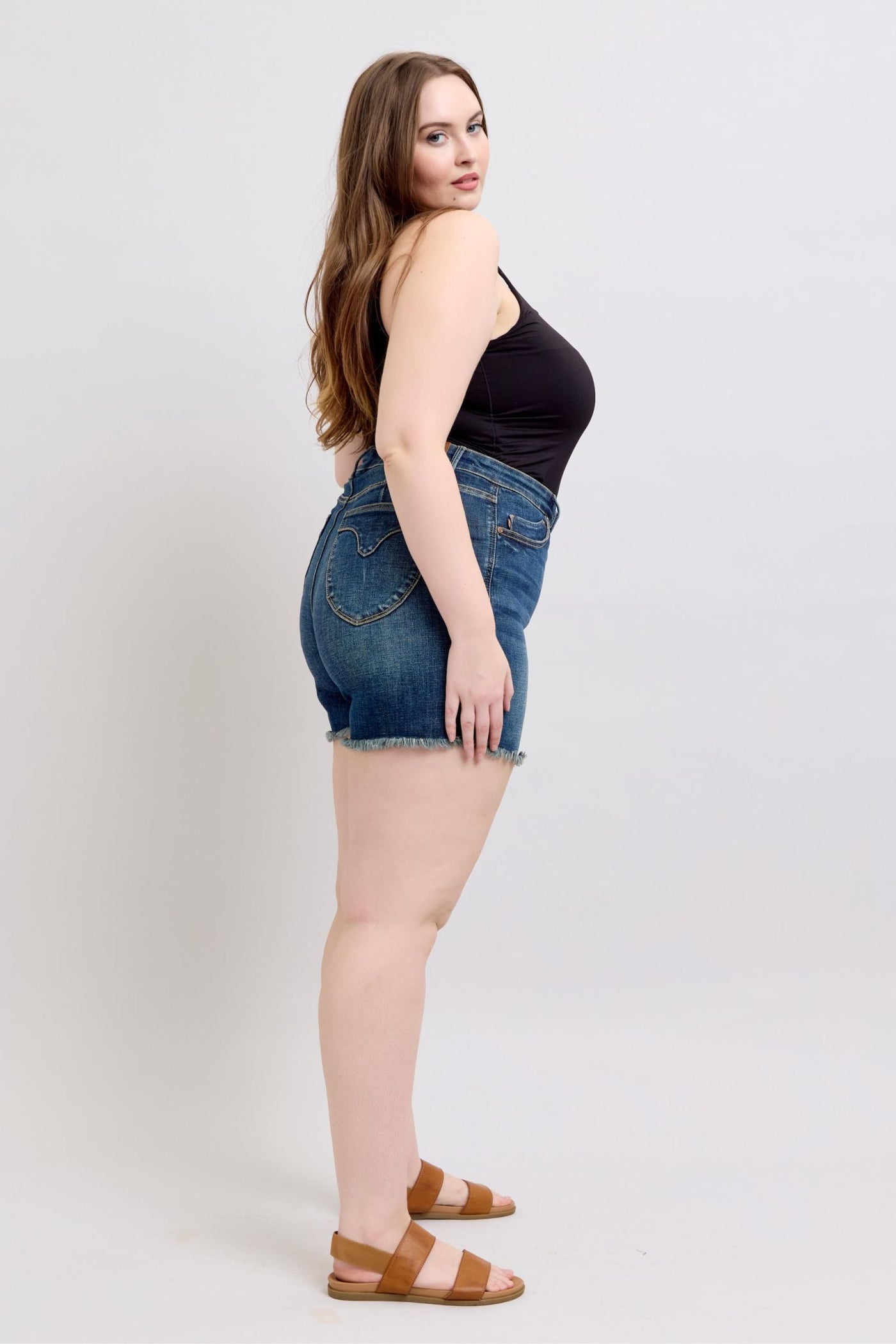 Judy Blue Tummy Control Fray Hem & Shield Back Pockets Denim Shorts | Sleekdenim.com