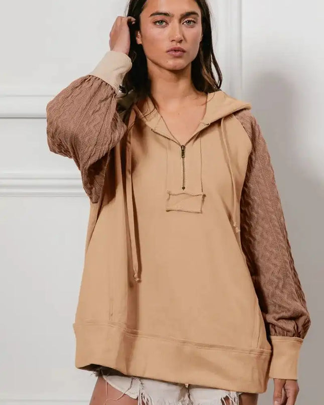 BiBi Half Zip French Terry Hoodie with Kint Sleeves - Sleekdenim.com