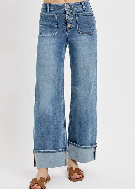 RISEN High Rise Ankle Wide Button Patch Pocket Cuffed Jeans - Sleekdenim.com