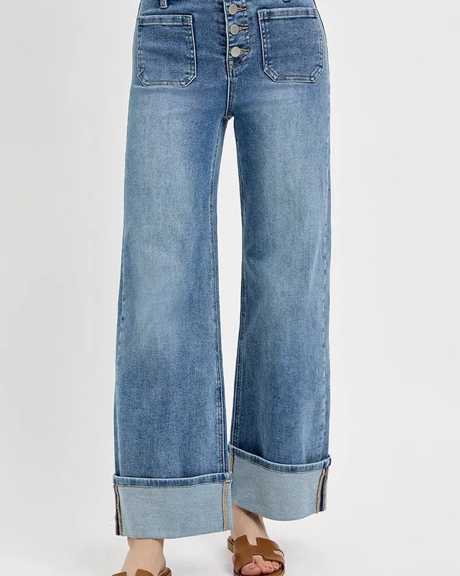 RISEN High Rise Ankle Wide Button Patch Pocket Cuffed Jeans - Sleekdenim.com
