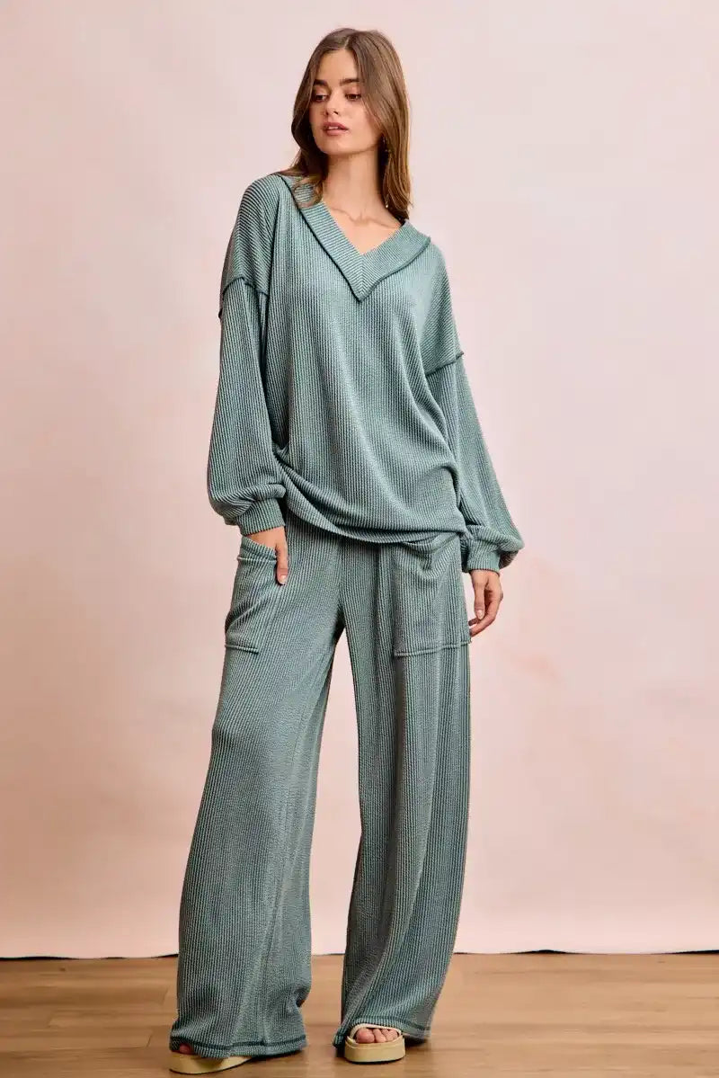 BiBi Two Tone Cord Rib Contrast Stitching V-Neck Top and Pants Set - Sleekdenim.com