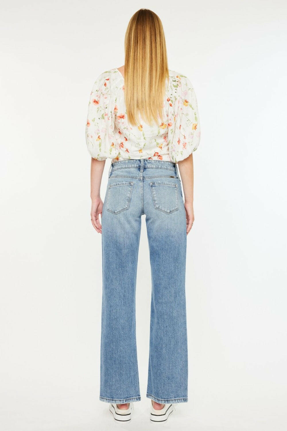 Kancan Mid Rise Frayed Hem Straight Jeans.