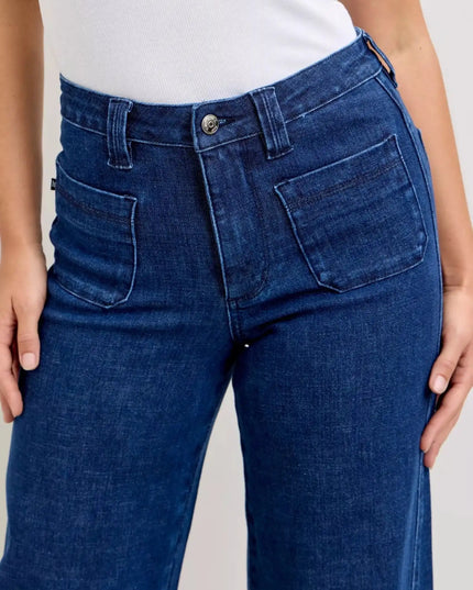 Judy Blue High-Waisted Retro Wide Jeans with Patch Pkts & Twisted Seams - Sleekdenim.com