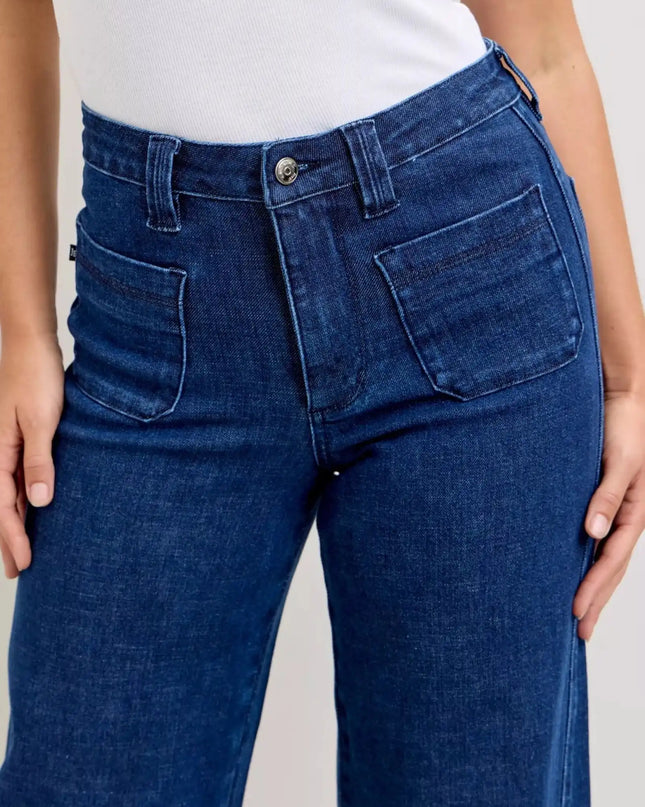 Judy Blue High-Waisted Retro Wide Jeans with Patch Pkts & Twisted Seams - Sleekdenim.com