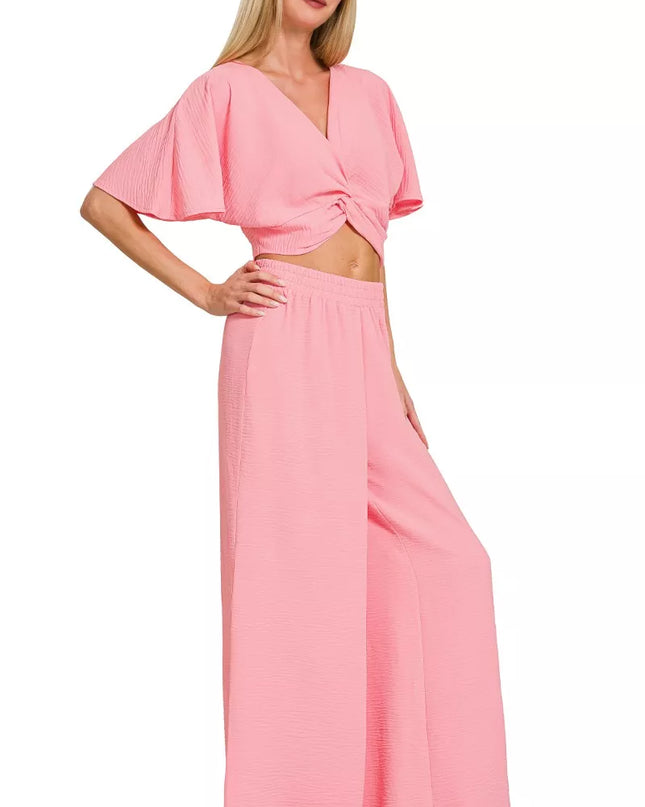 Zenana Woven Airflow Twisted Top & Wide Leg Pants Set - Sleekdenim.com