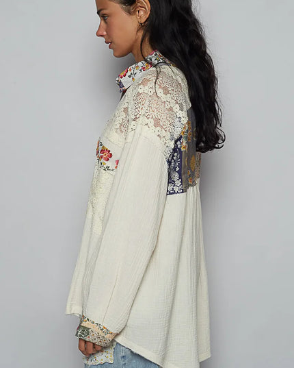 POL Lace Patchwork Floral Trim Long Sleeve Shirt - Sleekdenim.com