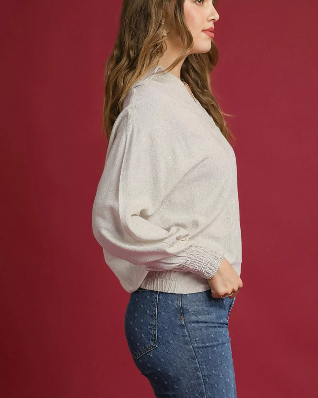 Umgee Linen Long Sleeves Elastic Hem Blouse - Sleekdenim.com