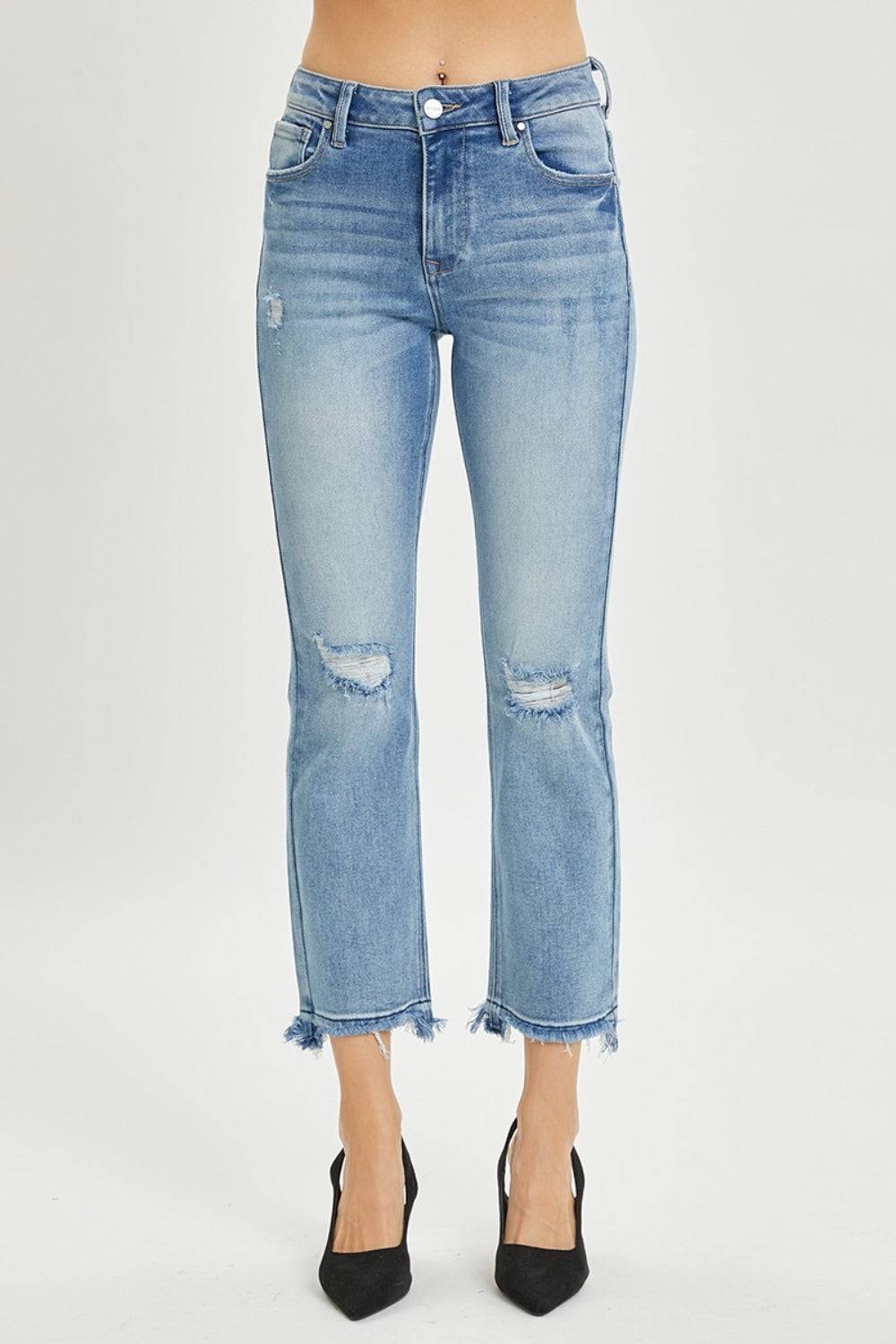 RISEN Full Size High Rise Distressed Cropped Straight Jeans | Sleekdenim.com