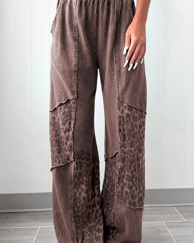 Coffee Mineral Wash Leopard Patchwork Loose Pants - Sleekdenim.com