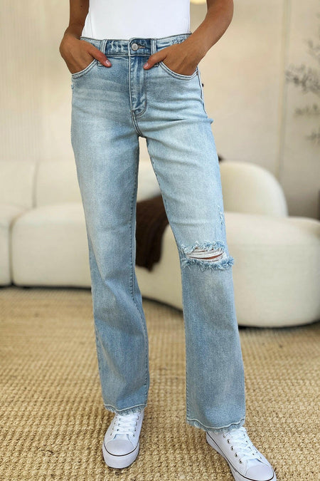 Judy Blue Full Size High Waist Distressed Straight Jeans.