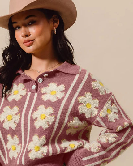 SO ME Floral Stripe Polo Collar Sweater - Sleekdenim.com