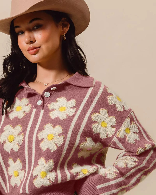 SO ME Floral Stripe Polo Collar Sweater - Sleekdenim.com