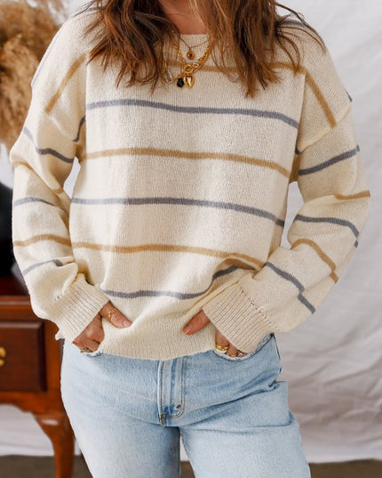 Stripe Ribbed Trim Drop Shoulder Sweater - Sleekdenim.com