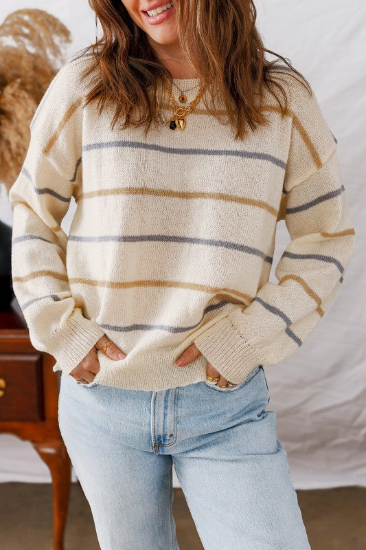 Stripe Ribbed Trim Drop Shoulder Sweater - Sleekdenim.com