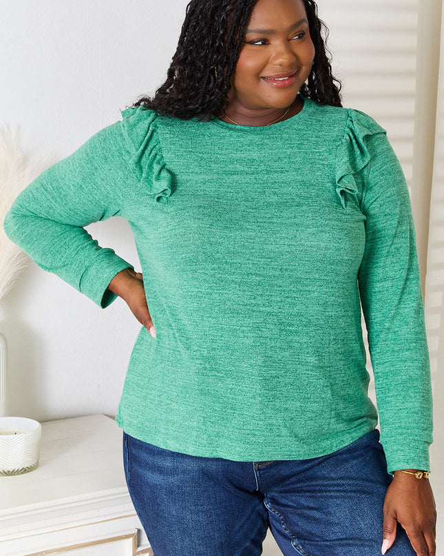 Double Take Ruffle Shoulder Long Sleeve T-Shirt - Sleekdenim.com