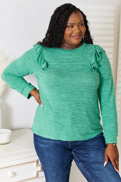 Double Take Ruffle Shoulder Long Sleeve T-Shirt Dark Green