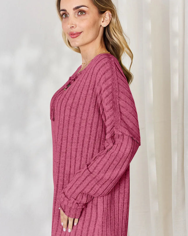 Basic Bae Full Size Ribbed Half Button Long Sleeve T-Shirt - Sleekdenim.com