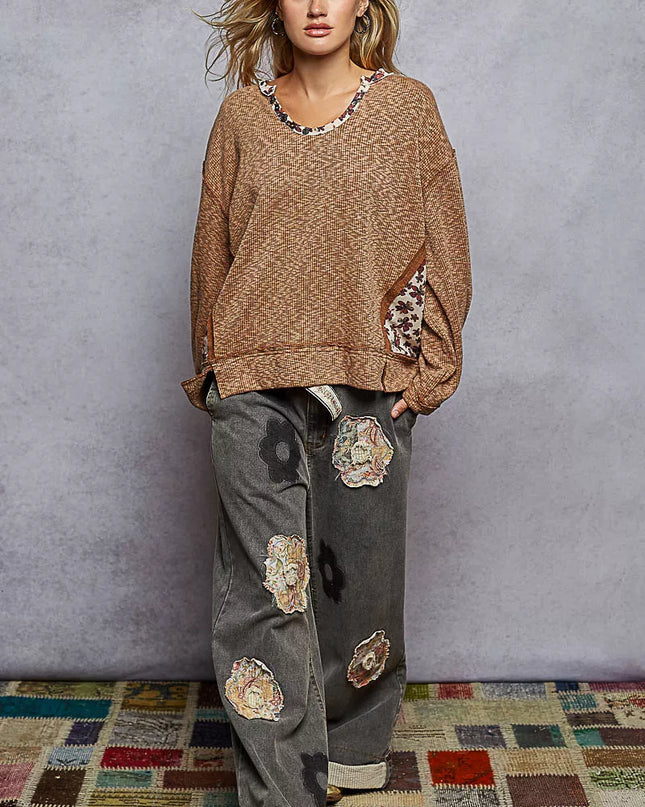 POL Balloon Sleeve Oversized Ribbed Top with Floral Pattern Contrast - Sleekdenim.com