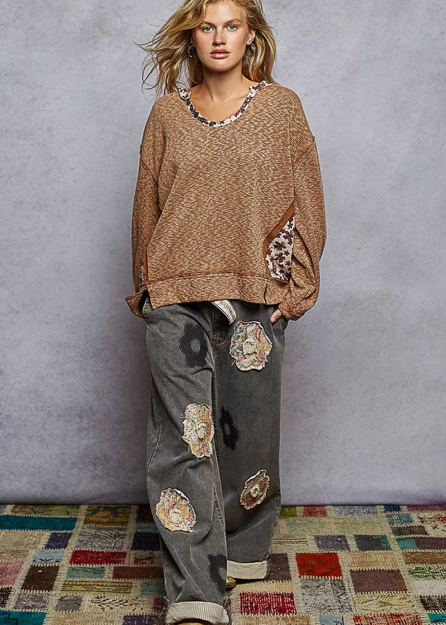 POL Balloon Sleeve Oversized Ribbed Top with Floral Pattern Contrast - Sleekdenim.com