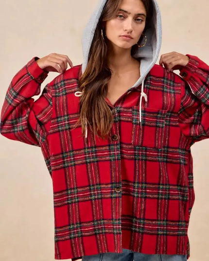 BiBi Brushed Plaid Hooded Jacket - Sleekdenim.com