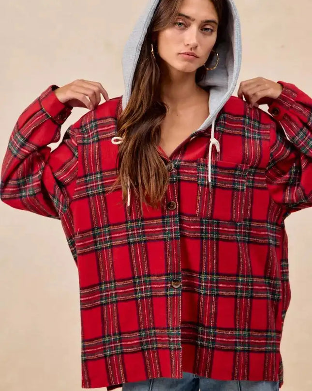 BiBi Brushed Plaid Hooded Jacket - Sleekdenim.com