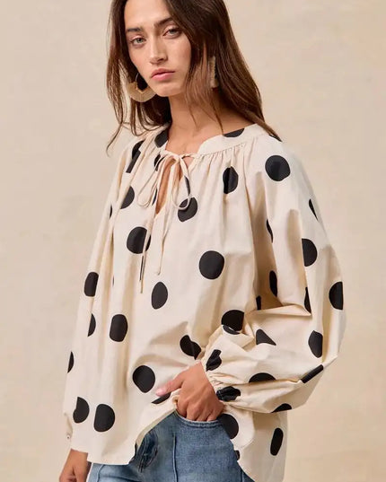 BiBi Polka Dot Exaggerated Balloon Sleeves Blouse - Sleekdenim.com