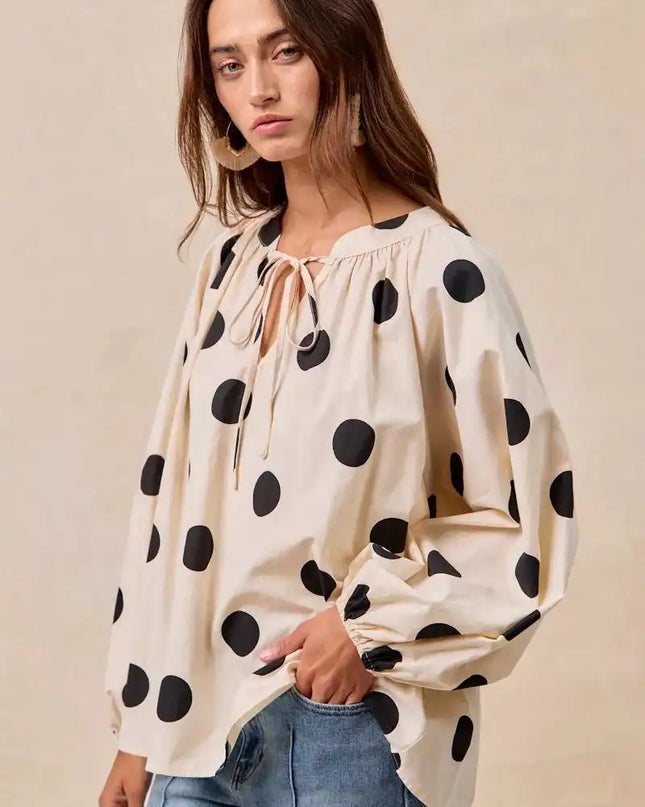 BiBi Polka Dot Exaggerated Balloon Sleeves Blouse - Sleekdenim.com