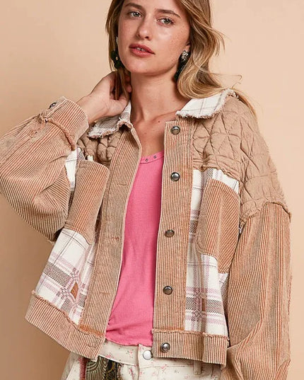 POL Corduroy Jacquard Patchwork Button Up Jacket - Sleekdenim.com