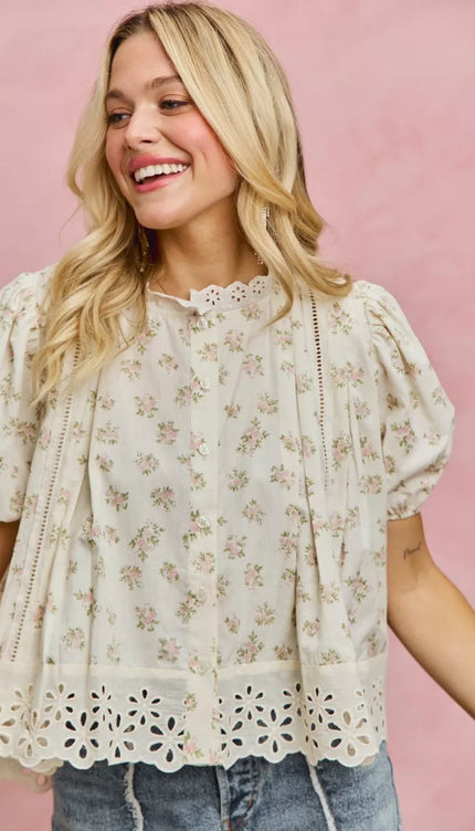 SO ME Floral Print Lace Trim Short Sleeves Blouse - Sleekdenim.com