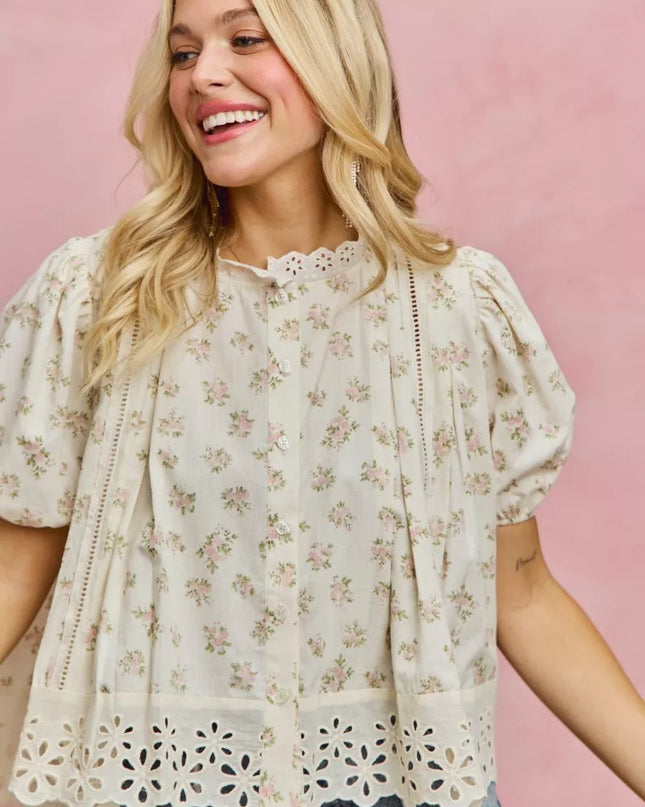 SO ME Floral Print Lace Trim Short Sleeves Blouse - Sleekdenim.com