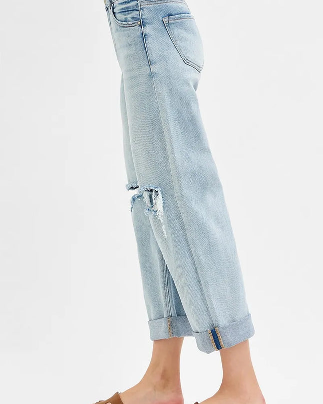 RISEN Full Size Mid Rise Fit Boyfriend Jeans with Cuff Plus Size - Sleekdenim.com