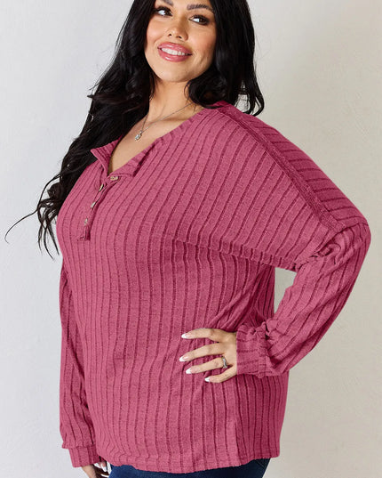 Basic Bae Full Size Ribbed Half Button Long Sleeve T-Shirt - Sleekdenim.com