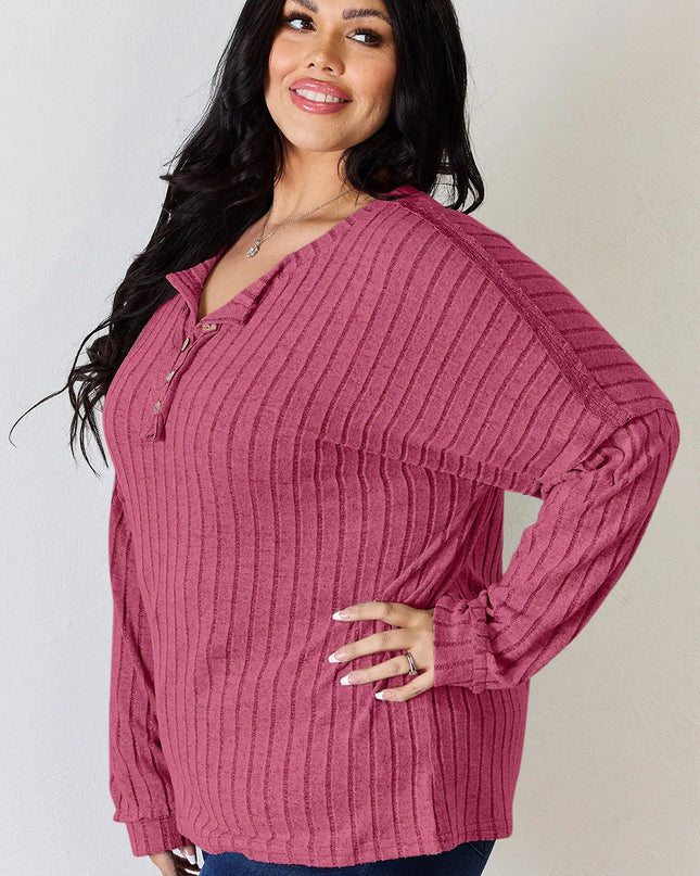 Basic Bae Full Size Ribbed Half Button Long Sleeve T-Shirt - Sleekdenim.com