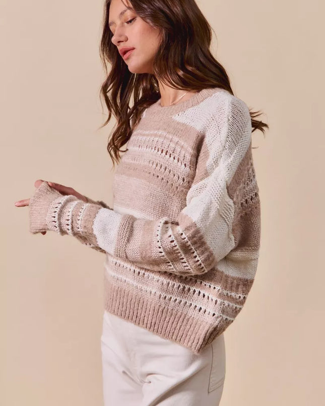 SO ME Variegated Stripe Textured Loose Fit Sweater - Sleekdenim.com
