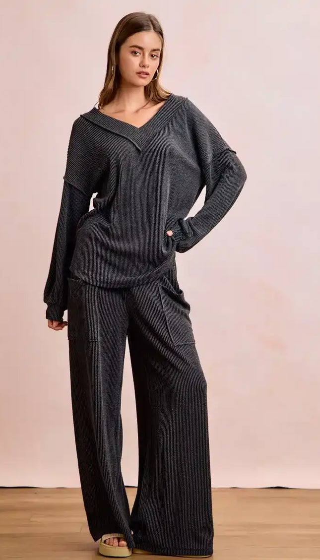 BiBi Two Tone Cord Rib Contrast Stitching V-Neck Top and Pants Set - So Soft & Silky - Sleekdenim.com