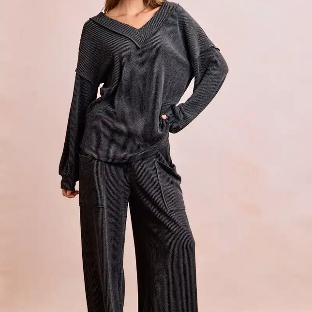 BiBi Two Tone Cord Rib Contrast Stitching V-Neck Top and Pants Set - So Soft & Silky - Sleekdenim.com