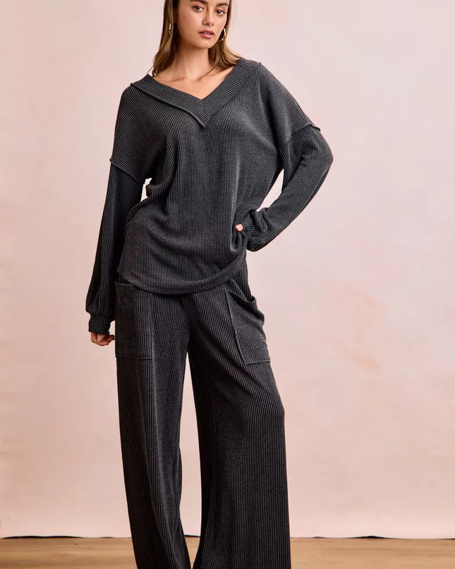 BiBi Two Tone Cord Rib Contrast Stitching V-Neck Top and Pants Set - Sleekdenim.com