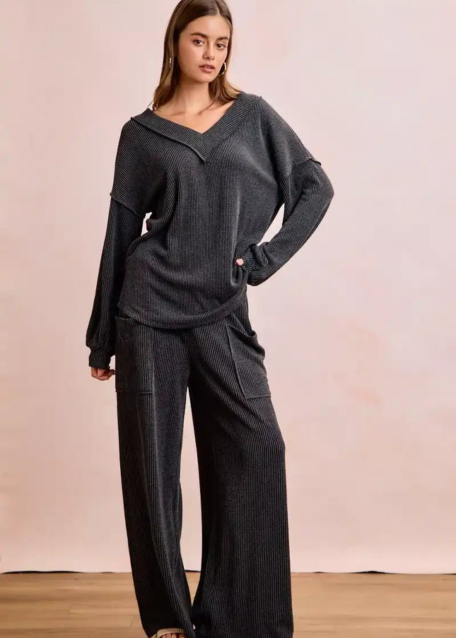 BiBi Two Tone Cord Rib Contrast Stitching V-Neck Top and Pants Set - So Soft & Silky - Sleekdenim.com