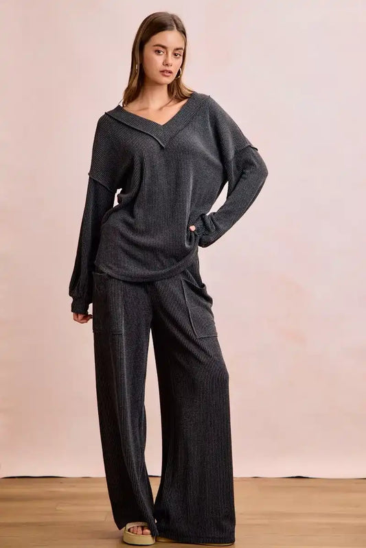 BiBi Two Tone Cord Rib Contrast Stitching V-Neck Top and Pants Set - So Soft & Silky - Sleekdenim.com