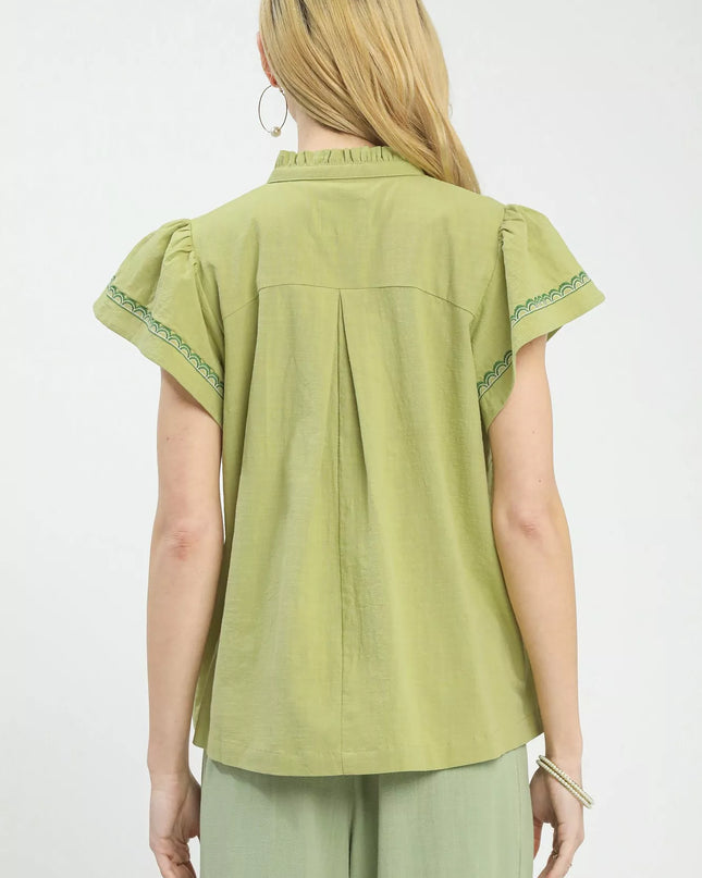 Umgee Embroidered Flutter Sleeve Blouse - Sleekdenim.com