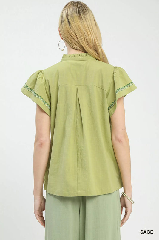 Umgee Embroidered Flutter Sleeve Blouse - Sleekdenim.com
