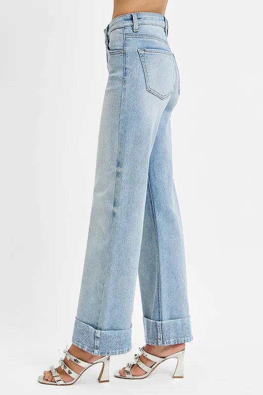RISEN Full Size Tummy Control High Rise Ankle Wide Cuffed Jeans Plus Size - Sleekdenim.com